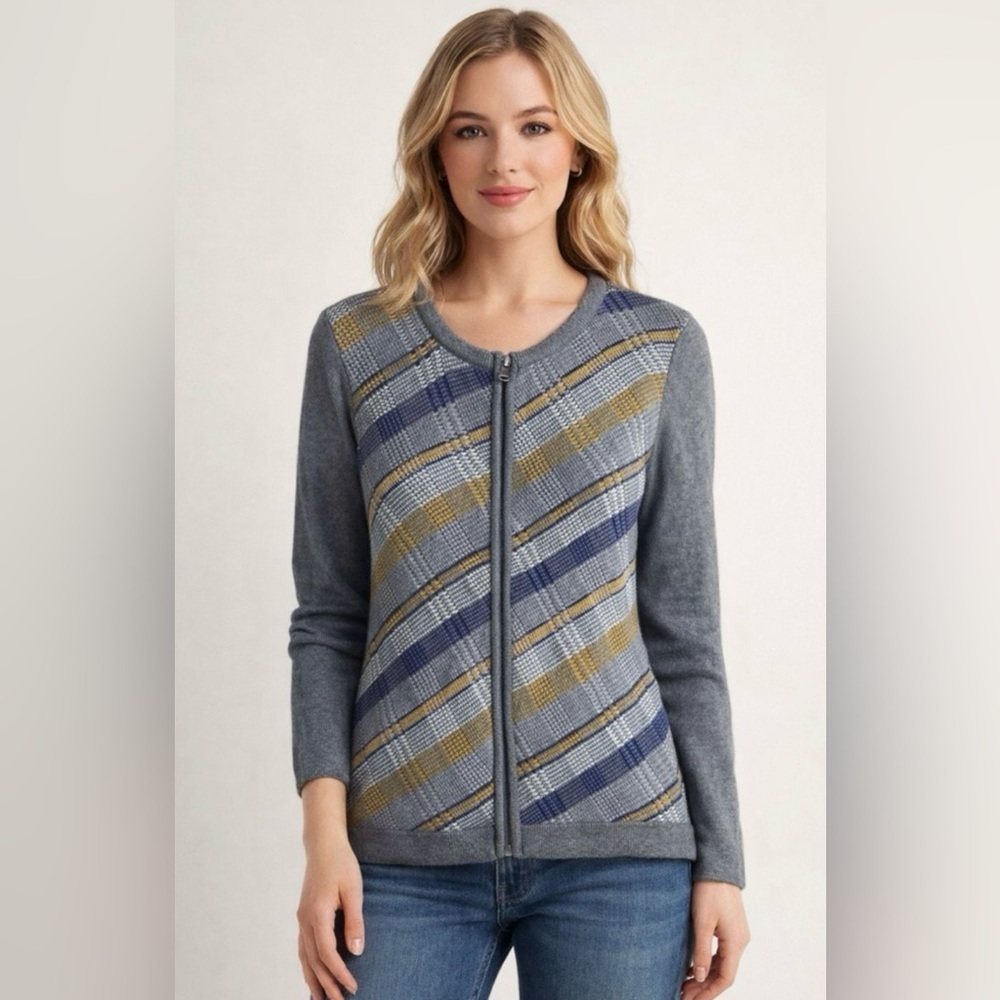 Talbots Cardigan Plaid Zip Front Knit Sweater Preppy Cottagecore100%Cotton SzM